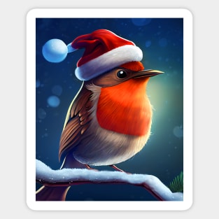 Christmas Robin Bird with a Santa Hat Sits on a Snowy Branch Sticker